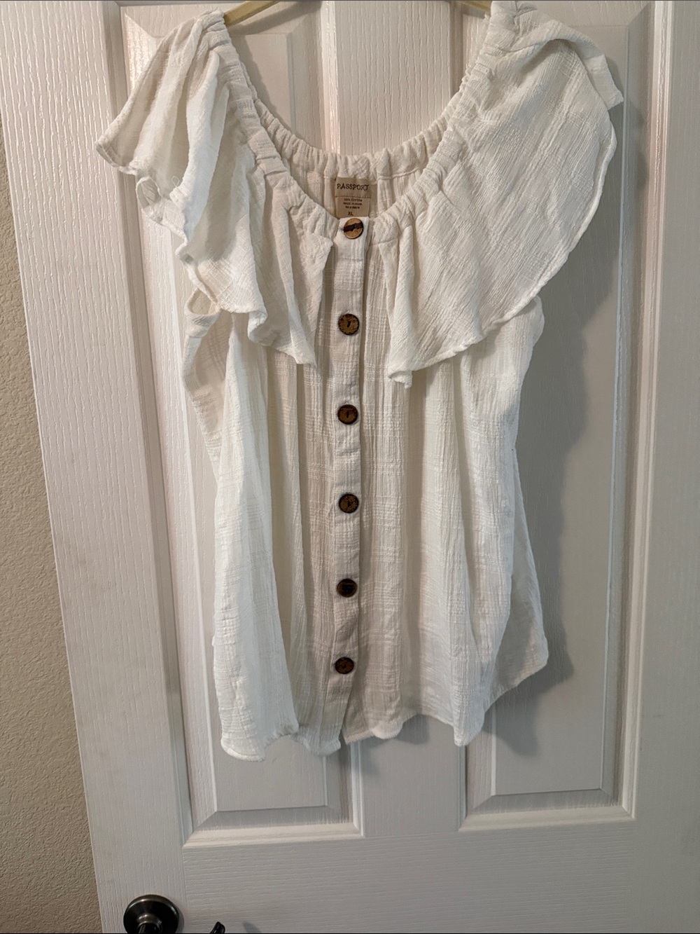 Passport White Ruffled Off-Shoulder Button Front Top